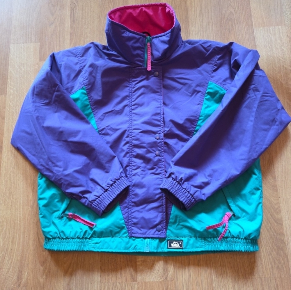 Woolrich Colorblock Windbreaker Jacket XL Full Zip Pockets Plum Pink Teal